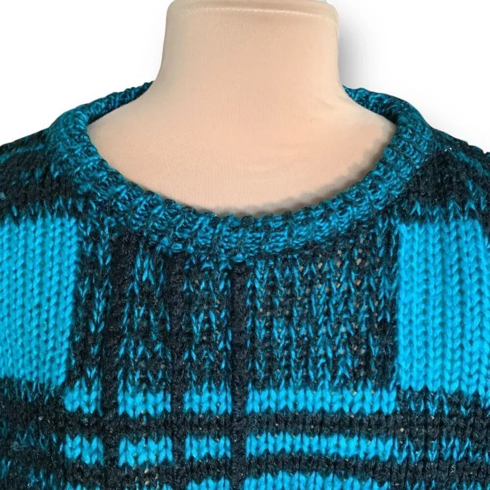 Vintage Street Scene Teal Black Checkered Plaid Loose Knit Pullover Sweater‎